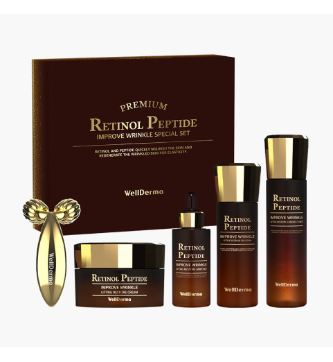 WellDerma Retinol Peptide Lifting Restore Special Set / Премиальный набор с массажером на основе ретинола и пептидов для лифтинга и восстановления кожи из 5 предметов (150 мл + 30 мл + 120 мл + 50 мл + 1 шт)